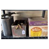 Canning jars, wood crate, ice cream freezer parts