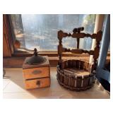 Vintage coffee grinder, vintage wooden wishing-well nutcracker bowl