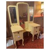 Antique dresser with tri-fold beveled  mirror, on rollers 68" x 25" x 18"