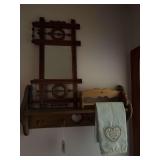 Antique walnut shaving mirror, wall shelf, towel bar