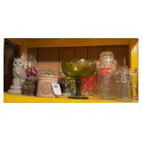 Misc small  cheese crocks, glass canisters, green compost bowl  2 candle owls