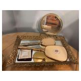 Vanity mirror , brush and hand mirror , mother of pearl compact and stand alone mirror