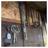 Brace, clamps, level, hacksaws , hand saws