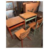 2 vintage metal school desk with wood tops and chairs, both 24” x 18” tops, 23” and 25” h