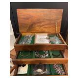 Wooden jewelry box with contents