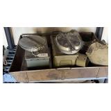 Ammo crates, canteen, meal container, tin pan