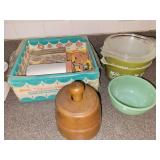 Vintage Pyrex Spring Blossom Mixing Bowls w/Lids, FireKing Jadeite Small Bowl, cookie Press, Mirro Dial a Cookie Cookie Kit