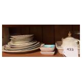 Cake stand, 2 compotes, trinket trays, miscellaneous plates and bowls