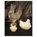 Vintage Smith Clear Glass Rooster Covered Candy Dish, Hazel Atlas Milk Glass Rooster Trinket Box w/Lid, Westmoreland Hen on Nest Trinket Box