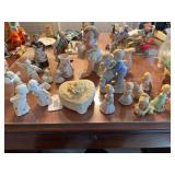 Misc figurines, heart covered dresser box, small vase