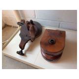 Vintage wooden double-sheave block and tackle pulley, portable  hand crank stone bench grinder  Sharpener