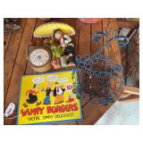 Vintage-style decorative tin sign featuring J. Wellington Wimpy, Popeye, Olive Oyl, New Haven clock, metal stand