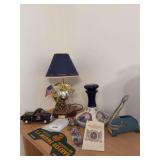Military items, lamp, decanter, cast truck, metal plate, dagger, seal stamp embosser