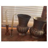 2 vintage Elephant Bells, 2 metal vases, 2 miniature candle holders, metal stand