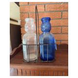 4 Brookfield Baby Top milk bottles  2 clear, 1 blue, 1 pink in wire crate