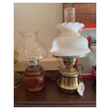 1 wood oil lamp and 1 vintage electrified brass hurricane or parlor table lamp featuring a white milk glass shade