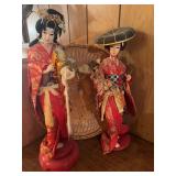 2 cloth & plastic geisha figures 17" & 18", painted scroll, ceramic figure, basket, Norwegian ceramic vase with kid