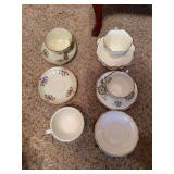China cups, saucers, creamer, sugar, Wedgwood Valentine plate, misc