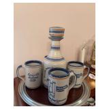 Louisville stoneware Evansville Indiana Bicentennial Tribute mugs and decanter and round silver tone rimmed tray