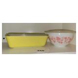 Vintage  Pyrex Turquoise & Yellow Refrigerator Dishes, Lids,  Pink Gooseberry Cinderella Mixing Bowl