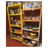 2 plastic shelving units. No contents. 74 x 30 x 12.   64 x 30 x 12  5 shelves each