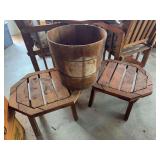 2 wooden tables, wooden bucket