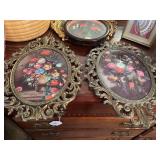Pair of Vintage oval floral pictures and pair of Victorian  pictures , wooden bowl and Asian inspired jade picture , small urn with lid and pink hobnail pitcher