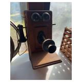 Antique wooden wall-mount hand-crank telephone