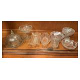 Clear glass pieces: butter dishes, mustard, compote, nappy, misc