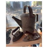 Vintage Galvanized Metal Watering, 2 sad irons