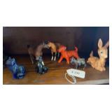 Vintage Mosser Cobalt Blue Glass Cat Figurine, a small molded art glass, 2 ceramic horses made in Japan,  deer, dog