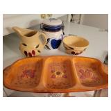 Fall 3-compartment Tray, Apple (blue) Motif Jar, Watt Pottery Pitcher, Bowl