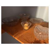 Clear glass bowls, covered dresser box, candle holder