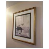Framed print of piano 31” x 35”, Framed cottage picture 16.5” x 23.5”