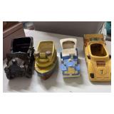 4 vintage planters, steam boat and cars