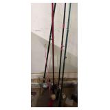 4 fishing poles, reel, tackle box,2 small planters, child’s life vest, blankets