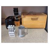 Toaster, knife set, cheese/butter spreader set, Playboy mug, bread box, tongs