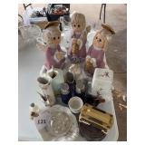Ceramic angels, S&P’s, flower frog, planters, salts, miscellaneous
