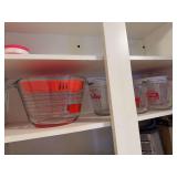 Large Pyrex mixing bowl, Fire King measuring cup, 2 smaller measuring cups,plastic pitcher