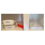 2 Corningware dishes, refrigerator dish, divided dish, covered baking dish