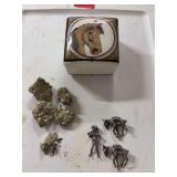Trinket box, pewter figurines, rocks