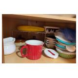 Condiment dishes, soup bowls, 2 small covered dishes, pitcher, banana keeper, mug