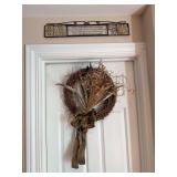 Glass and metal decorative wall hanging, grapevine wreath, 2 clocks