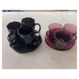 3 black and 3 cranberry cups with saucers, 4 3D coffee cups