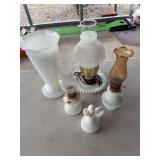 5 pieces of milk glass, vase, cruet, lamps