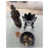 Banded onyx geometric shaped paperweight, mother child statue, cast iron stand, metal decorative plate
