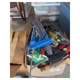 3 boxes of various tools, golf cart mirror,tail lights, box of wire, yellow hose, and mat