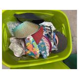 Basket of craft items and tub : cross stitch books, ribbons,  visors, some costume jewelry, lots of misc