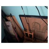 2 frames. Mini easel, wire decor, blind, table covering, misc