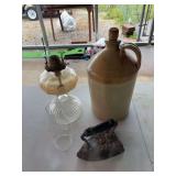 Oil lamp, chimney, sad iron, jug